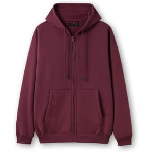 A maroon men's zip hoodie with a pocket and a hood, featuring a logo.