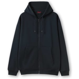 A black zip hoodie with a large front pocket and a drawstring hood, featuring a logo on the label.