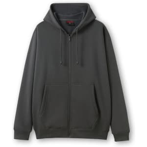 A women's juniors grey zippered hoodie with a pocket, featuring a hood and loose fit, with a logo on the label.