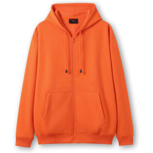 An orange men's zip hoodie with a front pocket and an attached hood. It features black drawstrings and has branding.