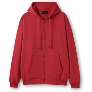A red men's zip hoodie with a front pocket and a hood, featuring a logo on the tag.