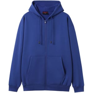A blue women's juniors zipper hoodie with a front pocket and a hood. It features a logo on the label.