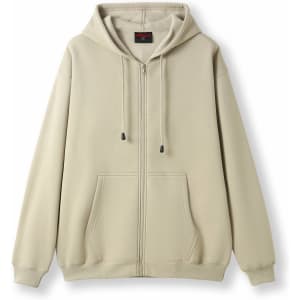 A beige zip hoodie with a pocket and a hood, featuring drawstrings and a logo.