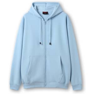 A light blue women's/juniors zippered hoodie with a front pocket and a hood. It has a logo on the label.