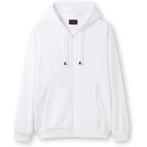 A white zip hoodie with a front pocket and a hood. It features a logo.