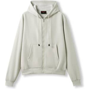 A light grey zippered hoodie featuring a front pocket and a hood, with a logos on it.