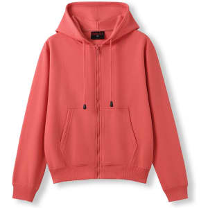 A red women's zipper hoodie with a pocket and a hood, featuring a branding logo.