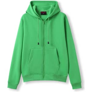 A green women's juniors zipper hoodie with a front pocket and a hood, featuring a logo.