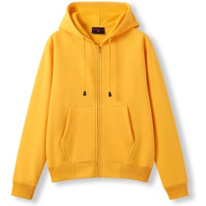 A bright yellow women's juniors zipper hoodie with a hood and front pocket, featuring a logo.