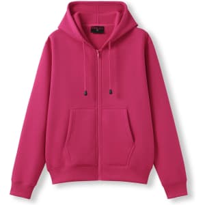 A bright pink zipper hoodie with a hood and pockets, featuring a logo.