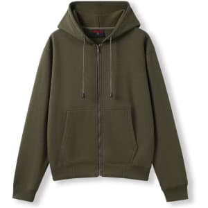 A women's junior zipper hoodie in a khaki colour with a front pocket and a hood. Features a logo on the garment.