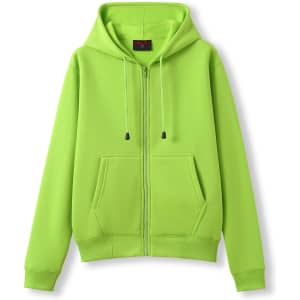 Lime green zipper hoodie with a front pocket and a hood, featuring a branded logo.