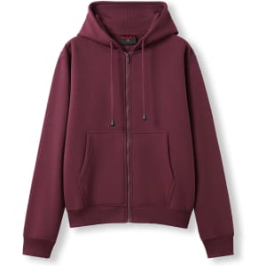 A maroon women's juniors zipper hoodie with a pocket and a hood, featuring a logo.