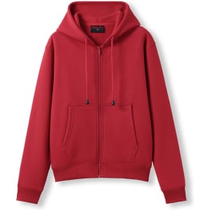 A red zippered hoodie with a front pocket and a hood, featuring drawstrings.