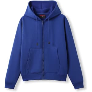 A blue zipper hoodie with a pocket and drawstring hood, featuring a logo on the chest.