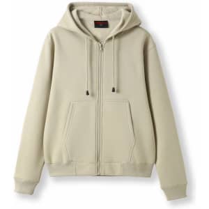 A beige women's zipper hoodie with a front pocket and a hood. It features a logo on the label.