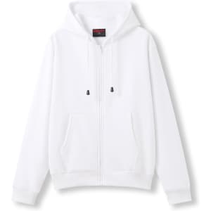 A white women's juniors zippered hoodie with a hood and front pocket, featuring a subtle logo.