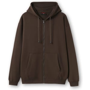 A brown women's juniors zipper hoodie with a front pocket and a drawstring hood. It features a logo on the interior.