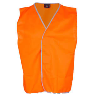 An orange vest without reflective tape, featuring a simple design and a logo on the inner label.