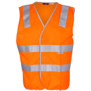 An orange work vest featuring 3M reflective tape and a logo, designed for safety and visibility.
