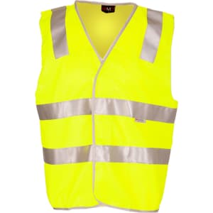 A bright yellow vest featuring 3M reflective tape, designed for workwear purposes, with a branding logo.