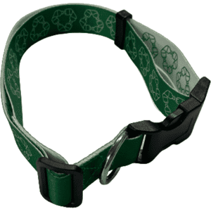 A green dog collar featuring a recycling symbol pattern, with adjustable clips and a metal D-ring for leash attachment.