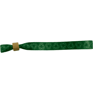 A green rPET wristband with a decorative pattern and a wooden clasp, designed for events and exhibitions.