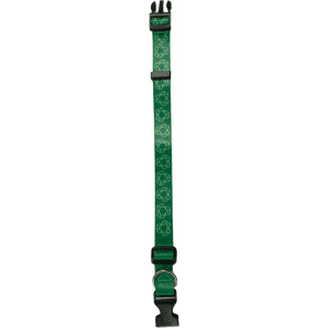 A green adjustable strap with a repeating pattern and a black clip attachment. It features a logo.