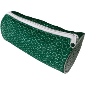 A green rPET pencil case with a heart pattern and a white zipper. It features a logo on one side.