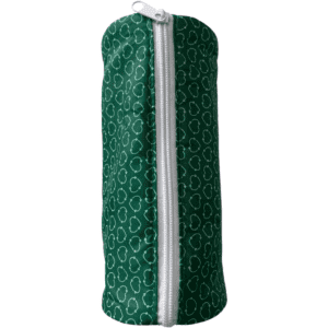 A green rPET pencil case featuring a patterned design and a white zip closure. It includes a branding logo.