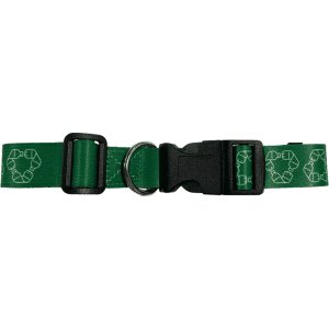 A green rPET strap featuring a buckle and ring, with a pattern of recycling symbols. It includes branding elements.