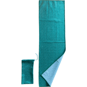 A teal sublimated rPET T-shirt with a repeating pattern, accompanied by a matching drawstring bag.