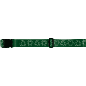 A green rPET luggage strap featuring a recycling symbol pattern and a plastic buckle, with a logo present.