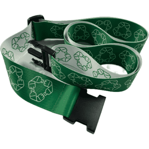 A green rPET luggage strap featuring a recycling symbol design and a black buckle. It includes a logo branding.