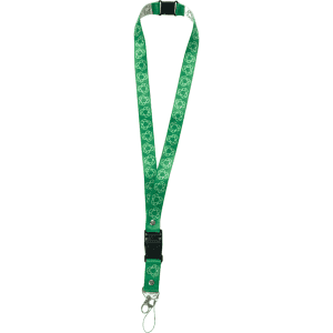 A green rPET USB sublimated lanyard with a floral pattern and a metal clip attachment.