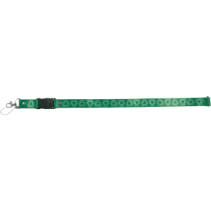 A green rPET USB sublimated lanyard featuring a repeating pattern and a metal clip for attachment.
