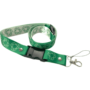 A green rPET USB sublimated lanyard featuring a recycling logo design and a metal clip for attachments.