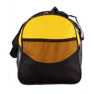 A yellow and black duffle bag with a mesh pocket and an adjustable shoulder strap. It features a logo.