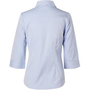 A light blue women's button-up shirt with 3/4 sleeves and a collar, featuring a logo on the back.