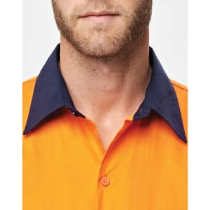 A Hi-Vis long-sleeve safety shirt in bright orange with a dark navy collar, featuring a logo on the shirt.
