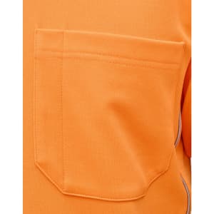 An orange safety polo shirt featuring a patch pocket and branded logo on the side.