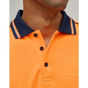 An orange safety polo shirt featuring a navy collar and buttons, with subtle striped detailing.