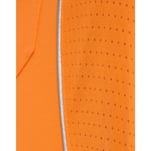 An orange safety polo featuring breathable fabric with a textured pattern and reflective trim. It includes a logo.