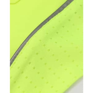 A close-up of a bright yellow high-visibility fabric with textured pattern and reflective detail.