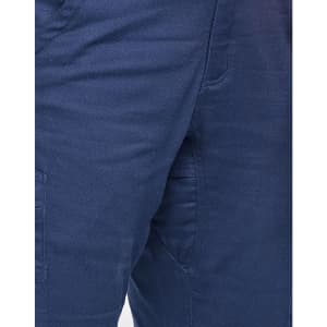 Unisex cotton stretch ripstop work pants in navy blue, featuring side pockets and a logo.