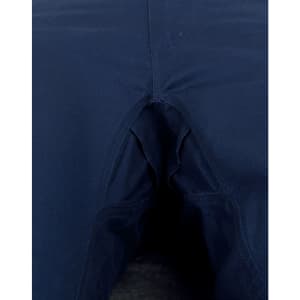 Unisex cotton stretch ripstop work pants in navy blue with a detailed view of the crotch area. Features a logo.