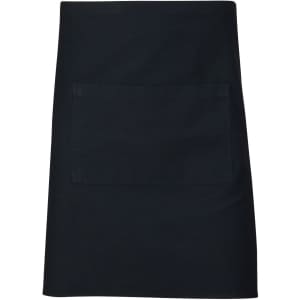 A black short waist apron featuring a front pocket and a simple design with a branding logo.