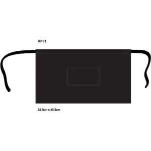 A black short waist apron with ties and a pocket, measuring 85.5cm x 45.5cm. Features a logo on the front.