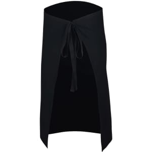 A black short waist apron with a tie closure at the waist, featuring an open front design.