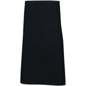 A black short waist apron with a front pocket and a simple design. It features a logo on the fabric.